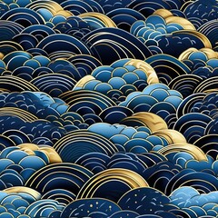 Obraz premium Seamless pattern of Japanese water wave, waves of gold, white, blue color all over the frame. Design of a postcard, packaging, banner.