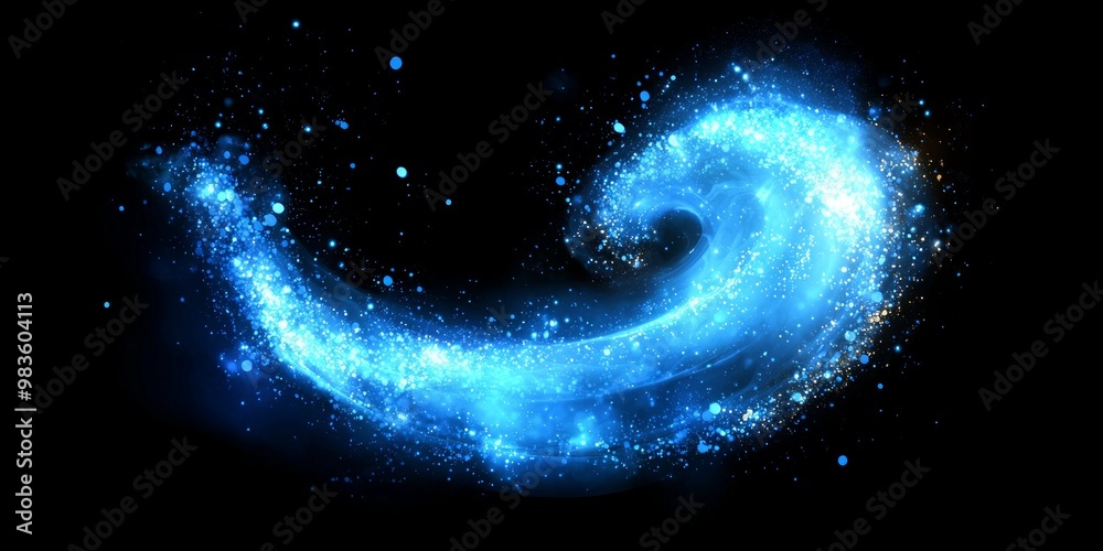 Poster blue particles accumulate and swirl into a fluid wave shape, glowing softly in the darkness, creatin