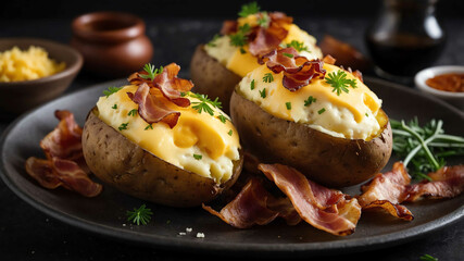 Baked potatoes with cheese and bacon background
