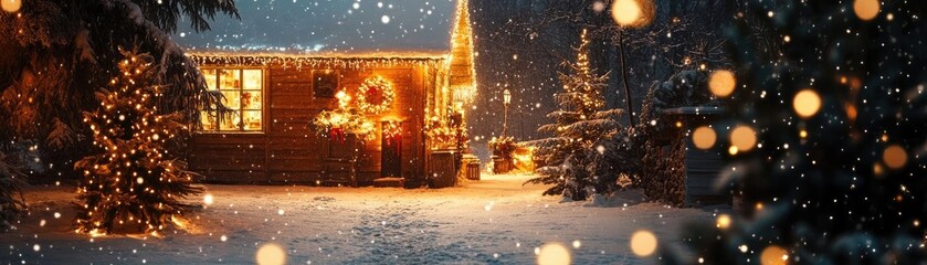 Obraz premium A cozy cabin adorned with festive lights, surrounded by snow-covered trees and falling snowflakes, evoking holiday warmth and joy.