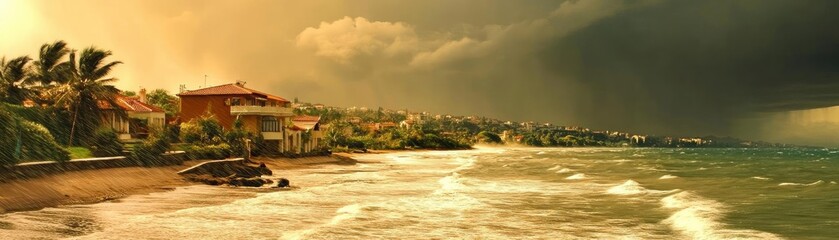 Obraz premium A serene beach landscape under dramatic skies, showcasing gentle waves, lush palm trees, and a charming coastal home.