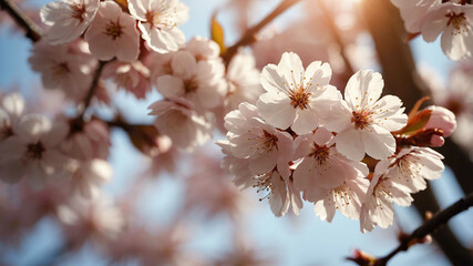 Obraz premium Cherry blossoms in soft sunlight background