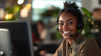Smiling Customer Service Representative Wearing Headset at Work