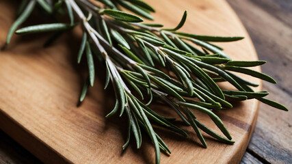 Obraz premium Fresh rosemary on wooden cutting board background