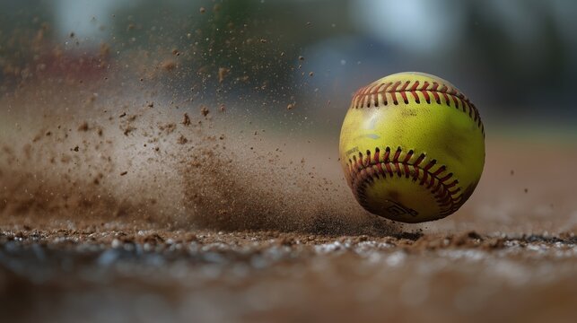 The softball ball in motion toward the dirt of the field