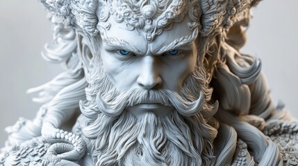 Detailed sculpture of a mythical figure with intense expression.