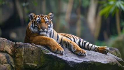 Majestic tiger lounging on a rock in a natural setting, surrounded by greenery and forest elements