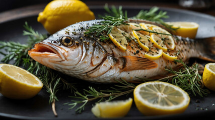 Grilled fish with lemon and herbs background
