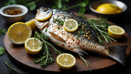 Grilled fish with lemon and herbs background