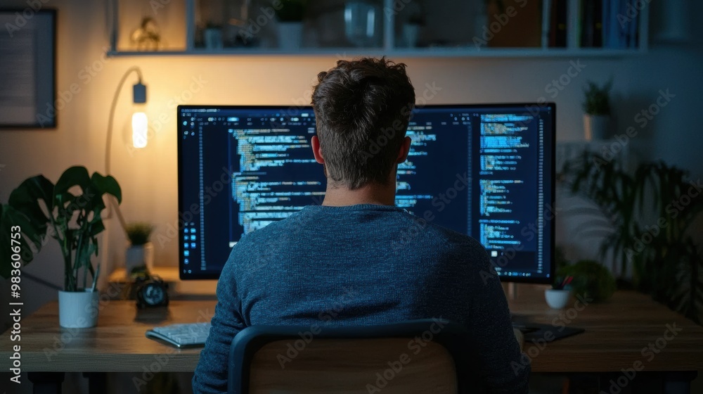 Poster dedicated software developer working on computer in illuminated office