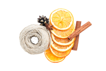 PNG, Dried orange slices, twine and cinnamon sticks, isolated on white background, top view