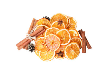 PNG, Dried orange slices and cinnamon sticks, isolated on white background, top view