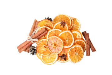 PNG, Dried orange slices and cinnamon sticks, isolated on white background, top view
