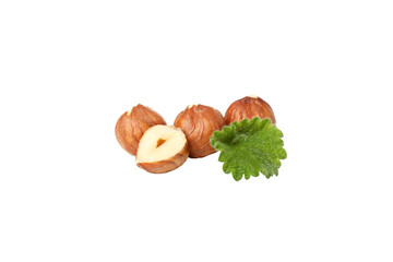 PNG, Peeled hazelnuts and leaf, isolated on white background