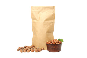 PNG, Hazelnut in bowl and paper bag, isolated on white background