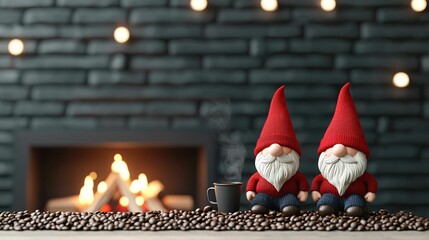 Two gnomes with red hats and white beards sit on coffee beans next to a steaming coffee cup, with a warm fireplace and soft glowing lights in the background.