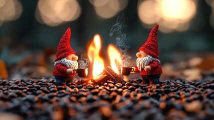 Two gnomes with red hats and white beards enjoy coffee by a campfire, sitting on a bed of coffee beans with warm glowing lights in the background.