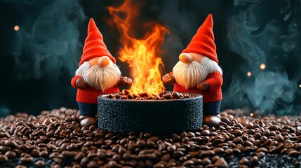 Two gnomes with red hats and white beards stand beside a glowing firepit surrounded by coffee beans, set against a dark, moody background.