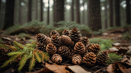 Pinecones clustered on forest floor background - Powered by Adobe