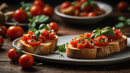 Plate of bruschetta with tomatoes background