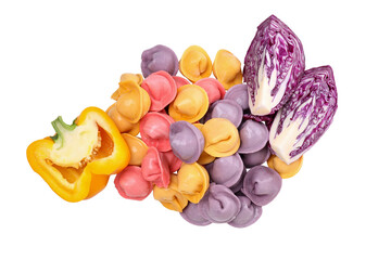 PNG, Three color dumplings, cabbage and pepper, isolated on white background, top view