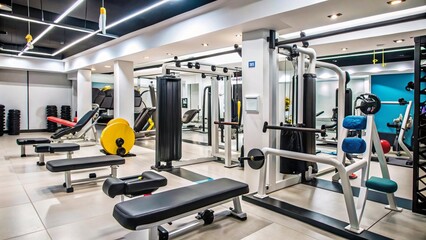A modern, well-equipped gym with weight machines, benches, and other fitness equipment.