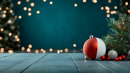 A serene Christmas scene featuring festive decorations, including a red and white ornament beside pine branches and twinkling lights.