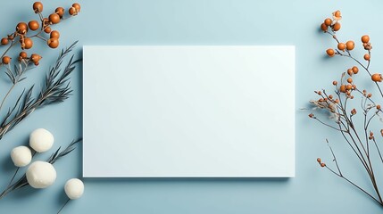 A minimalistic flat lay with a blank white canvas surrounded by autumn-inspired foliage and decorative elements on a soft blue background.