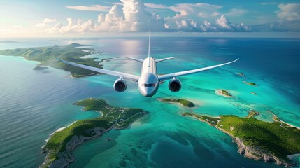 Obraz premium Airplane Flying Over Tropical Islands