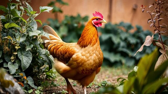 A vibrant, brown hen walks through a lush garden, showcasing its feathers amidst greenery, conveying a serene farm atmosphere