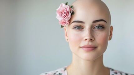 Naklejka premium A serene portrait of a young woman with a bald head, adorned with a pink flower, exuding grace and confidence.