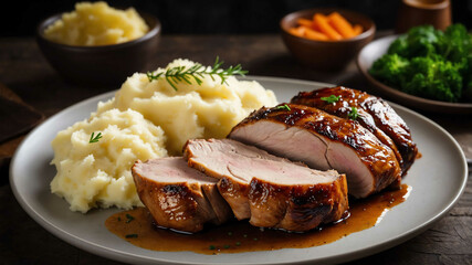 Roasted pork with mashed potatoes background