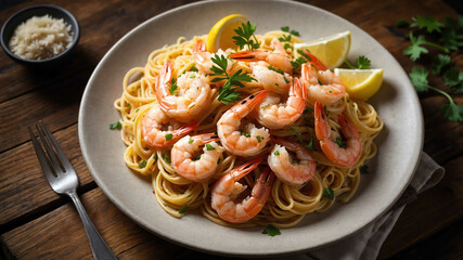 Shrimp scampi on rustic wooden table background