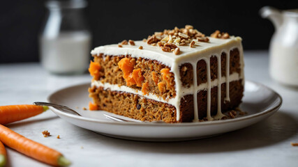 Slice of carrot cake with frosting background