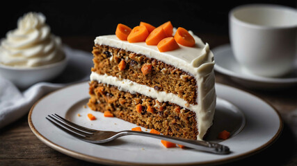Slice of carrot cake with frosting background