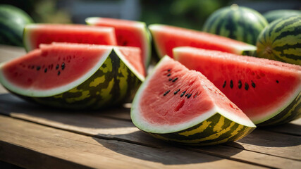 Sliced watermelon on outdoor table background