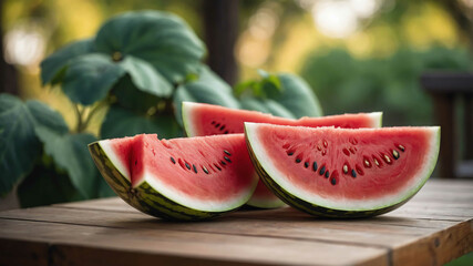 Sliced watermelon on outdoor table background