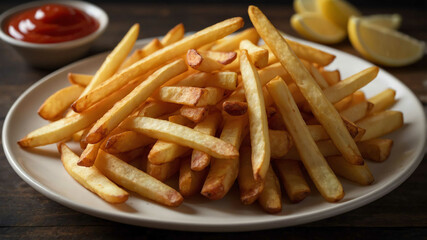 Stack of french fries on plate background