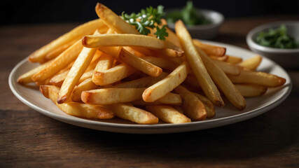 Stack of french fries on plate background
