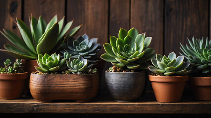 Succulents growing on wooden shelf background