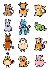 Oriental Zodiac Animal Horoscope Hand Drawing Brush Line Illustration