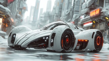 Obraz premium Futuristic vehicle in a snowy urban environment.