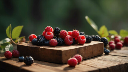 Wild berries on wooden chopping block background
