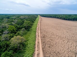 Fototapeta premium Aerial view of a stark contrast between lush forest and cracked, dry land, highlighting the impact of deforestation and climate change.