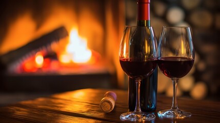 A bottle of wine and two glasses by a cozy fireplace, creating a warm and inviting ambiance.