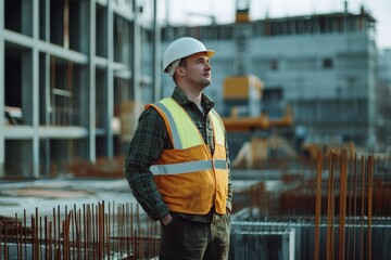 Fototapeta premium Construction Worker at Building Site with Safety Gear
