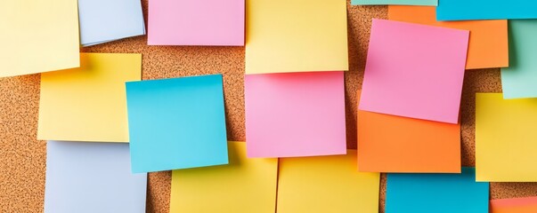Colorful sticky notes arranged on a cork board for reminders and organization, ideal for office and study environments.