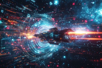 Fototapeta premium Futuristic Spaceship Traveling Through Digital Universe