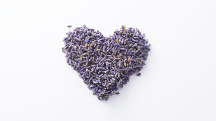 lavender tea: a clean, minimalist image with dried lavender buds arranged in a heart shape at the center of a pure white background
