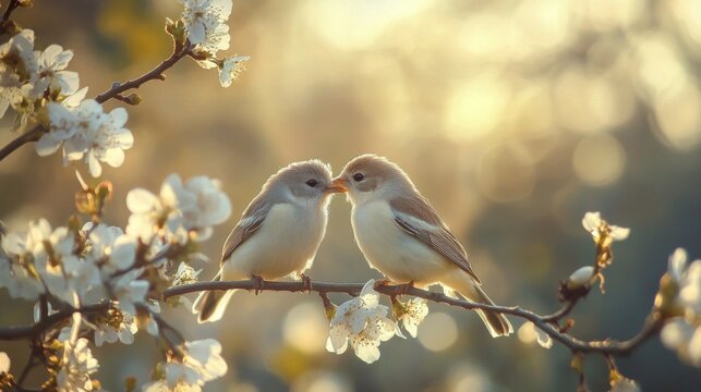 Two birds perched on a branch of a flowering tree, with a soft, warm light shining through the branches.
